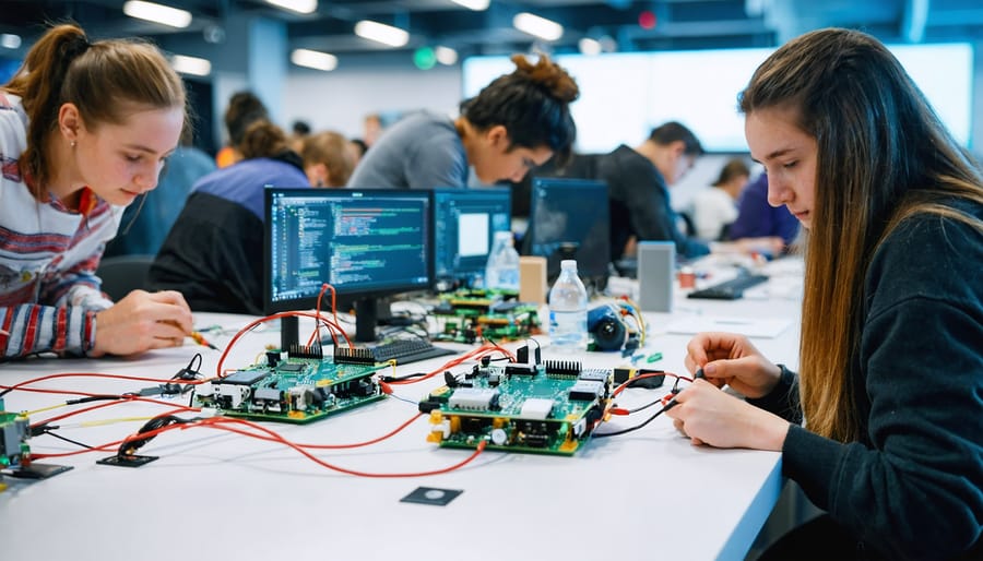 Workshop participants engaging in hands-on Raspberry Pi projects, surrounded by circuit components and Python code on display.