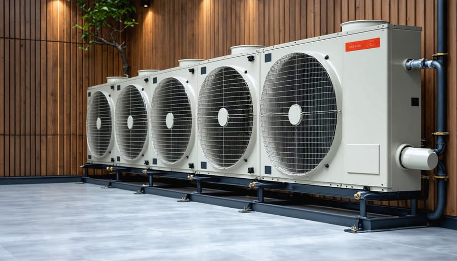 Close-up of geothermal heat pump equipment with copper pipes