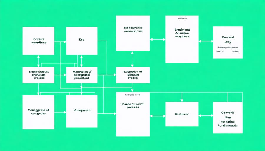 Diagram showing the lifecycle and management process of encryption keys including generation, storage, and rotation