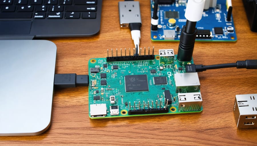 "A Raspberry Pi connected to a HC-SR501 PIR sensor on a wooden desk, surrounded by electronic components."