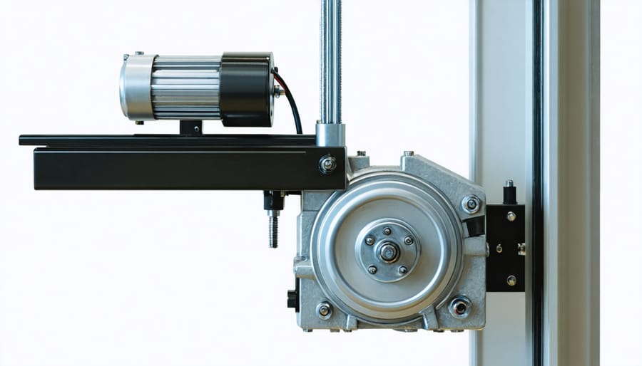 Detailed view of stepper motor installation on window blind mounting bracket
