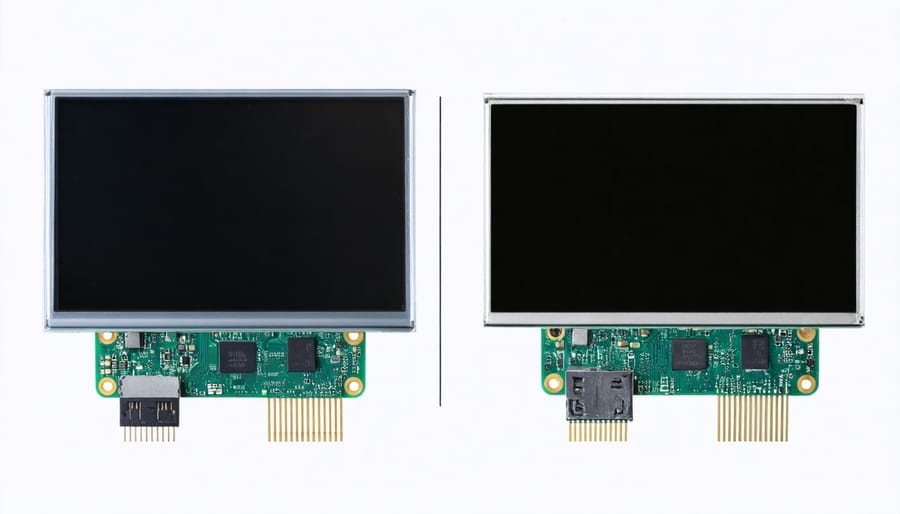 Side-by-side comparison of OLED and LCD screens connected to Raspberry Pi showing contrast differences
