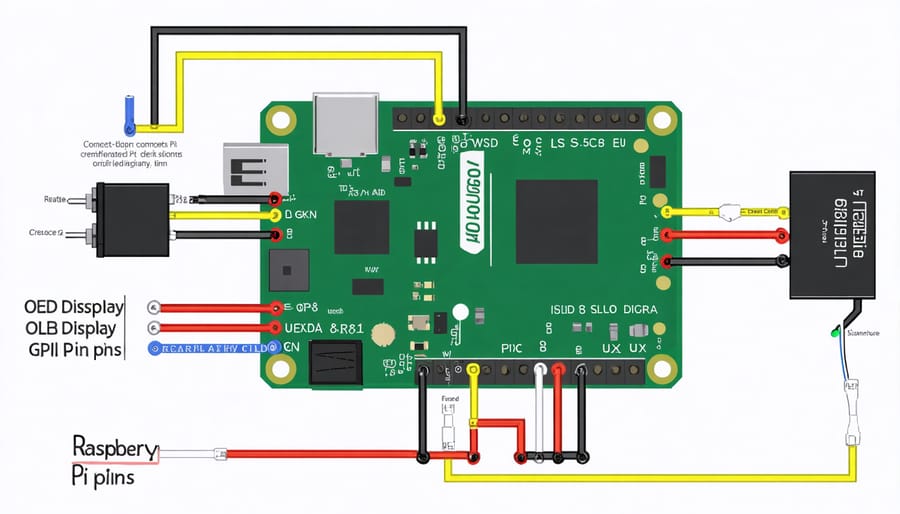 Technical diagram illustrating OLED screen to Raspberry Pi GPIO connection layout