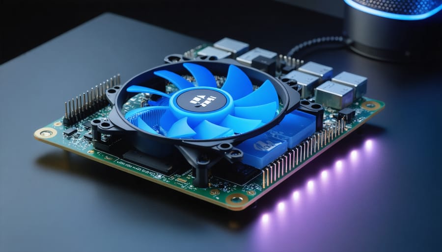 Raspberry Pi with custom cooling system including heat sinks and fan
