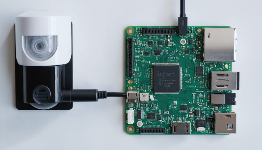 Raspberry Pi board with PIR motion sensor mounted on white surface