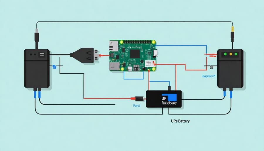 Technical diagram illustrating proper power management setup for Raspberry Pi with UPS and backup solutions
