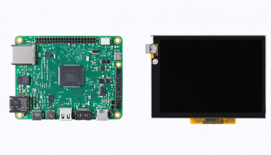 Comparison showing official Raspberry Pi touchscreen display next to third-party options with size and feature annotations