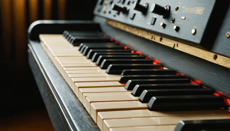 Close-up of hands playing piano keys with audio equipment in background