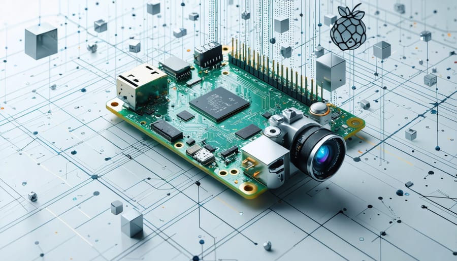 Conceptual image of a Raspberry Pi connected to a camera, showing the process of transforming a physical object into a digital 3D model through digital lines and geometrical shapes.