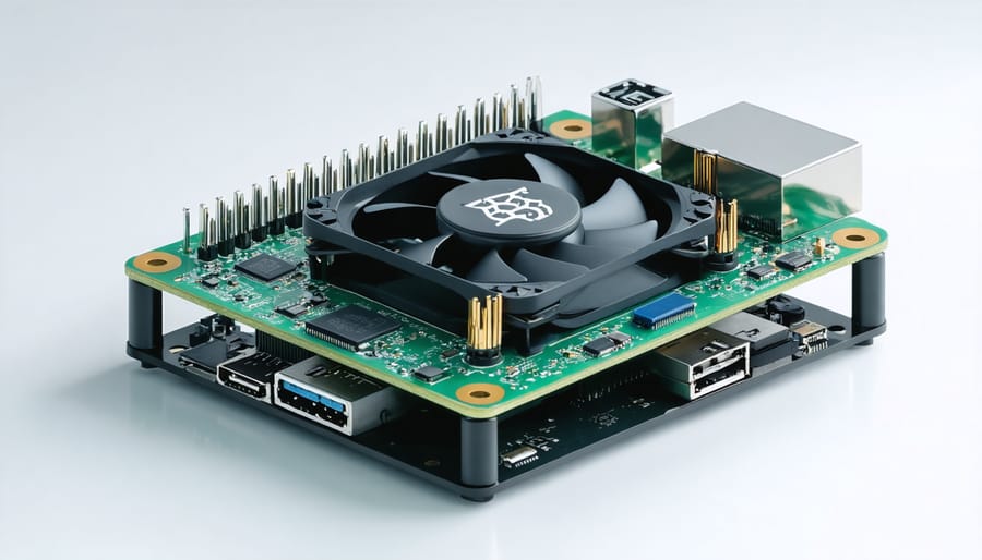 Transparent case showing Raspberry Pi 5 with mounted cooling fan and heatsink