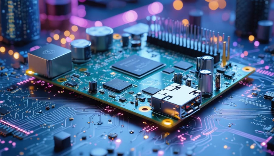 Futuristic representation of the Raspberry Pi 5 single-board computer emphasized by glowing neural network patterns and dual 4K displays.