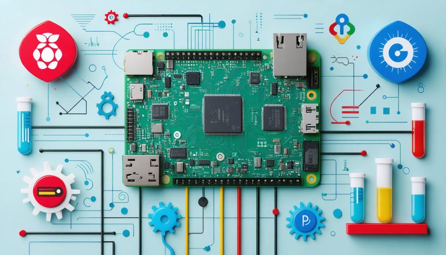 Conceptual illustration of a Raspberry Pi with gears and microchips, surrounded by logos of Selenium, PyTest, and Robot Framework, illustrating the concept of automated testing.