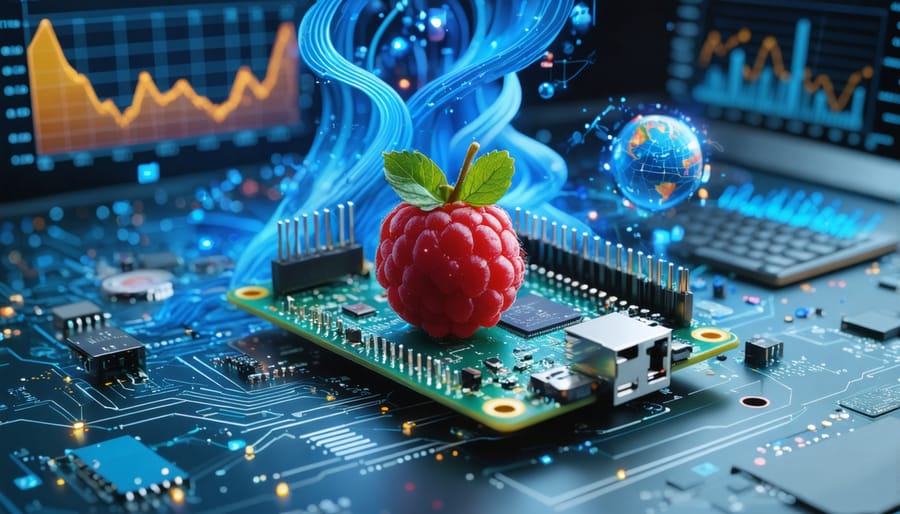 Conceptual representation of a Raspberry Pi transforming raw business data into actionable insights, with digital data streams and analytics charts symbolizing strategic decision-making capabilities.