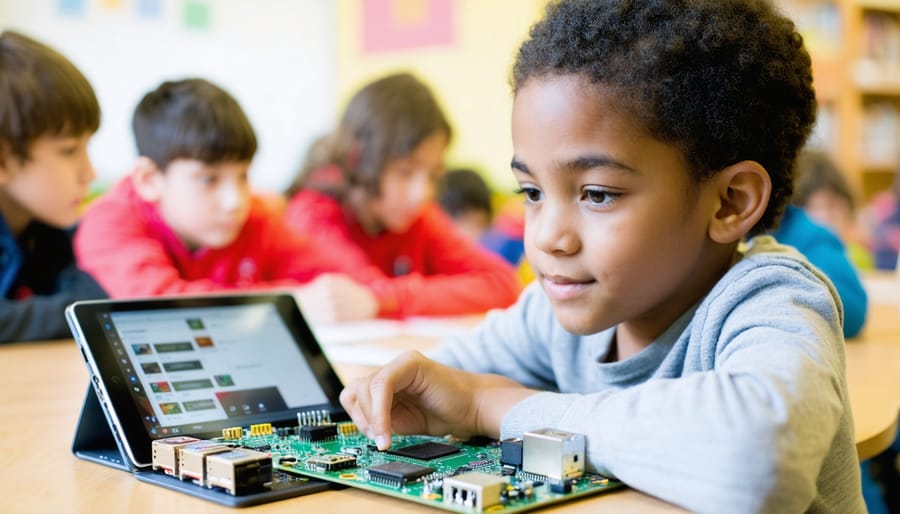"A non-verbal student using a Raspberry Pi with a tablet in a classroom, surrounded by engaged peers."