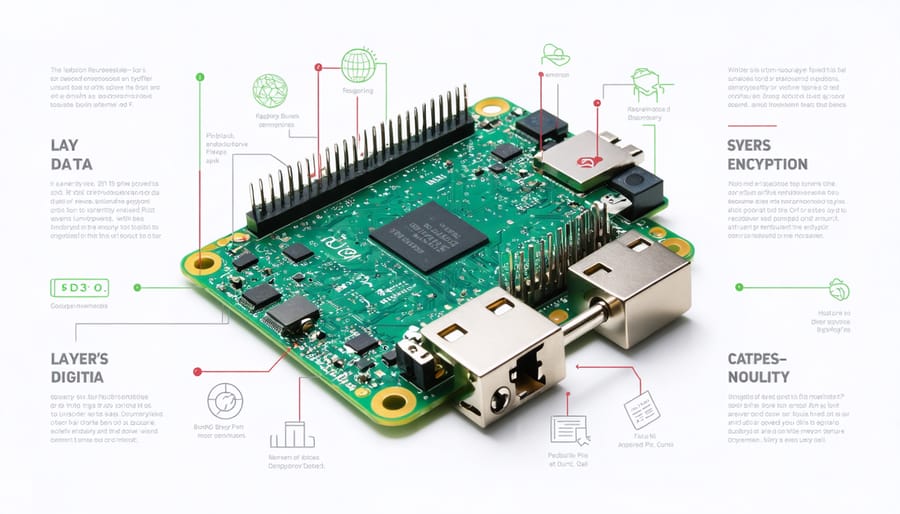 Infographic illustrating security layers protecting a Raspberry Pi with encryption symbols and data stream graphics suggesting personal data protection.