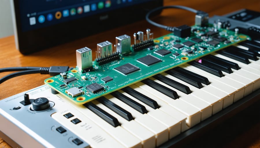"Close-up of Raspberry Pi 4 connected to a USB MIDI keyboard, highlighted in soft natural daylight."