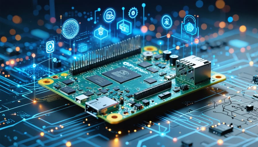 Artistic depiction of a Raspberry Pi evolving into a powerful edge computing hub, showcasing data processing nodes, network connections, and integrated sensors to highlight its local data processing capabilities.