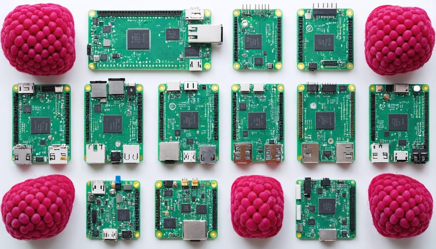 Various Raspberry Pi HAT boards displaying different functionalities including sensors, displays, and expansion options