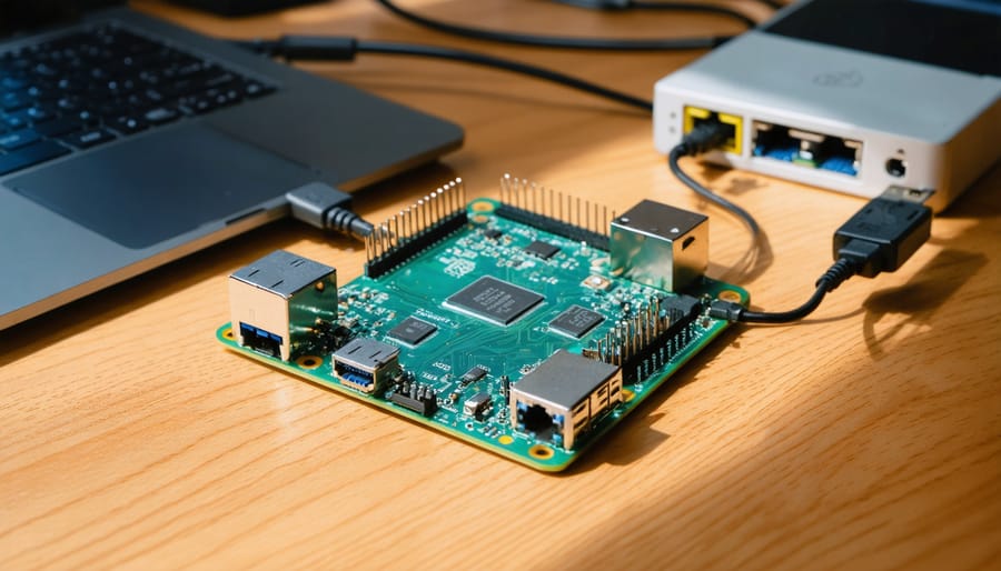 "Close-up of a Raspberry Pi 4 Model B on a desk, surrounded by network cables and a USB-to-Ethernet adapter, representing DIY home network firewall setup."