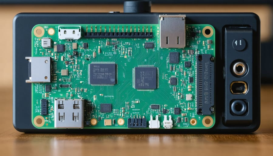 Raspberry Pi board with connected home automation sensors on white desk