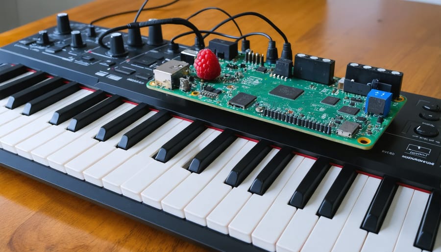 Raspberry Pi board connected to MIDI keyboard controller on white surface