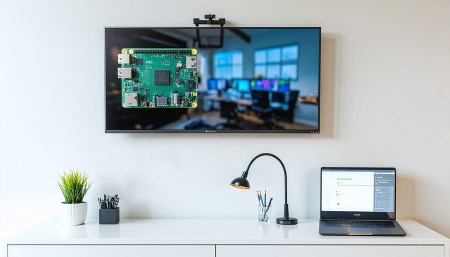 Wall-mounted Raspberry Pi with glowing monitor in dark room setting