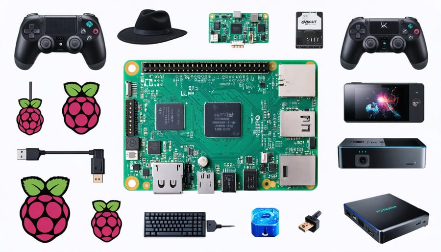 Artistic collage showcasing a Raspberry Pi 4 Model B surrounded by various peripherals like HATs, sensors, touchscreens, and storage devices, illustrating its potential use in gaming, security, and environmental projects.