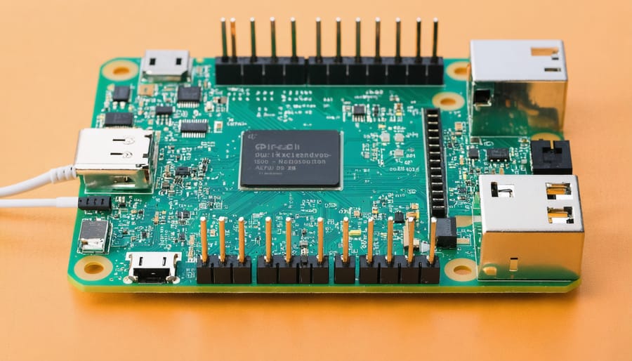Close-up view of Raspberry Pi 3 board focusing on power connector and GPIO pins