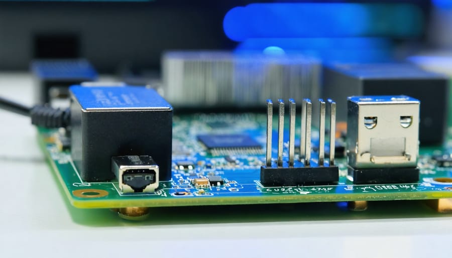 "Close-up view of Raspberry Pi 3 board focusing on power input and GPIO pins with blurred electronics in the background."