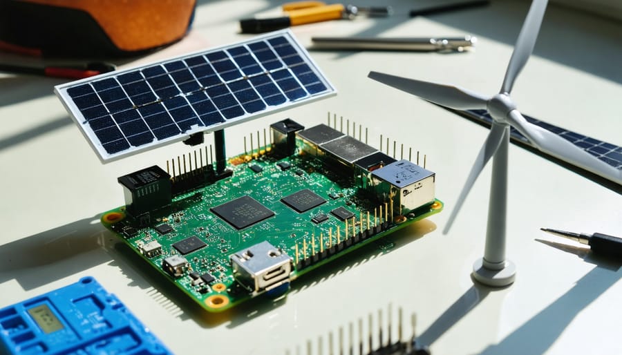 "Raspberry Pi with solar panel and wind turbine model on a workshop table, used for renewable energy monitoring."