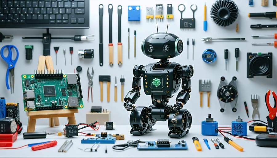 A well-organized workbench displaying various Raspberry Pi robotics components and tools, depicting the assembly process of a DIY robot.