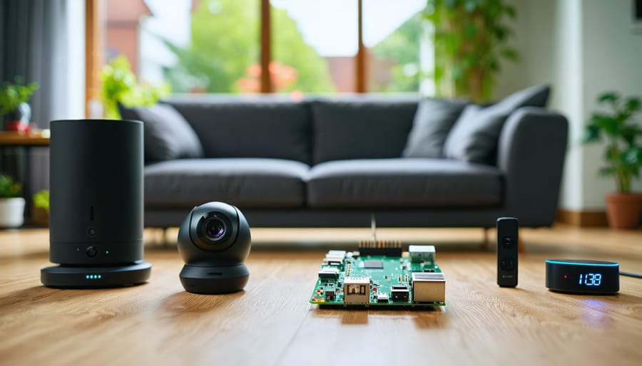 "Modern living room featuring a Raspberry Pi 4 Model B as a central hub amidst various smart home devices."