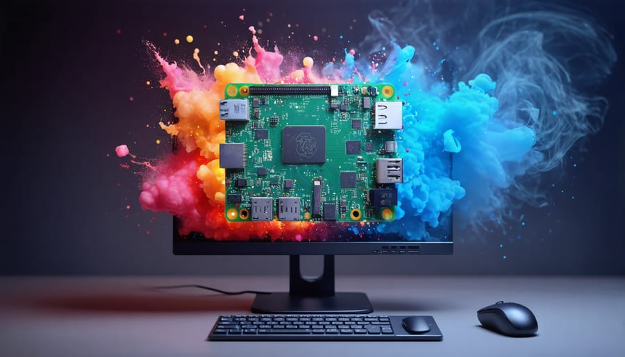 A conceptual representation of a Raspberry Pi running inside a computer monitor via VirtualBox, displaying a mix of colorful art and technical components symbolizing virtual development and testing.