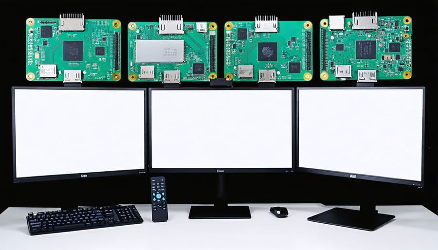 Clean modern workspace with multiple monitors in home office setting