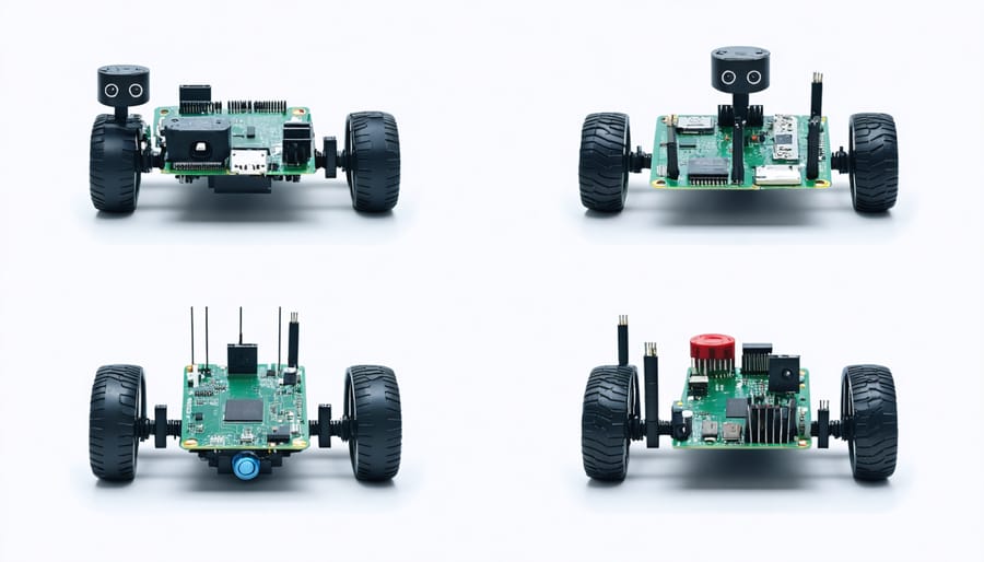 Sequential assembly stages of a Raspberry Pi robot from parts to completion