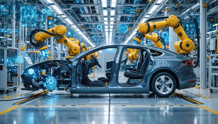A futuristic automotive manufacturing plant where advanced robotic arms work alongside human operators, performing welding, painting, and assembly on a modern car chassis. The scene demonstrates AI, IoT connectivity, and real-time data monitoring, symbolizing the transformation of car manufacturing through robotics.