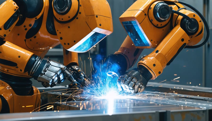 Multiple robotic arms simultaneously welding automotive chassis components