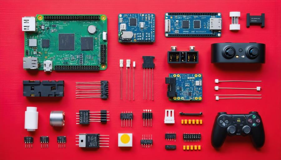 Essential components of a Raspberry Pi robotics kit displayed in organized layout