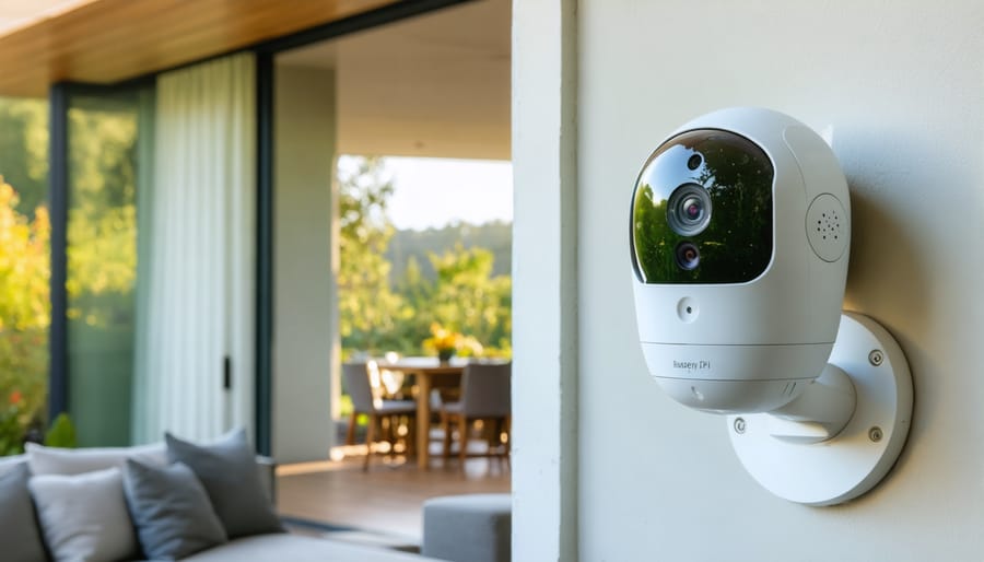 Security camera mounted on exterior home corner