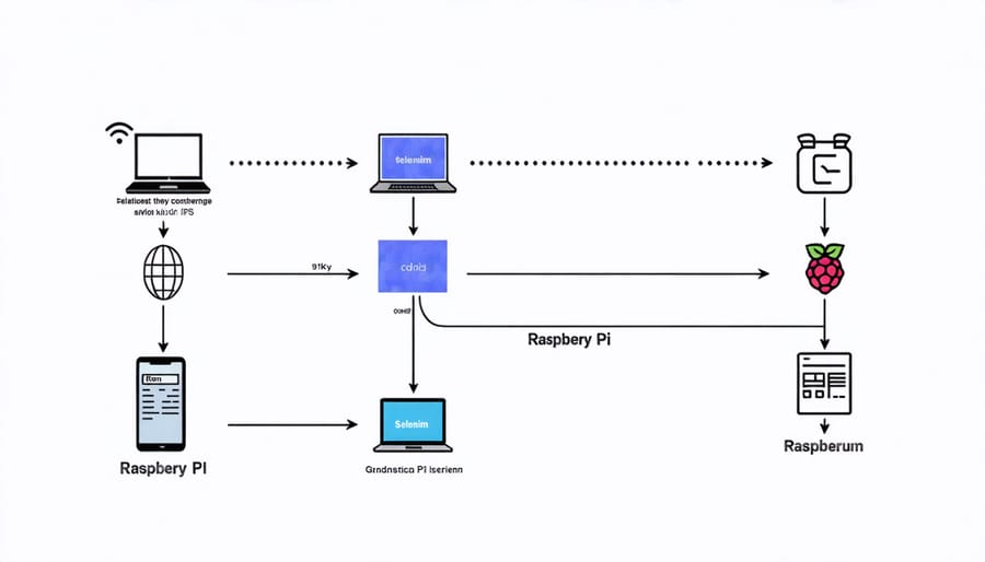 Flowchart illustrating how Selenium interacts with web browsers and testing components on Raspberry Pi