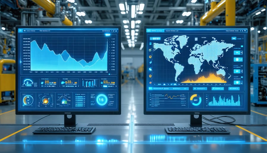 Digital interface displaying real-time monitoring of automotive manufacturing robots and sensor networks
