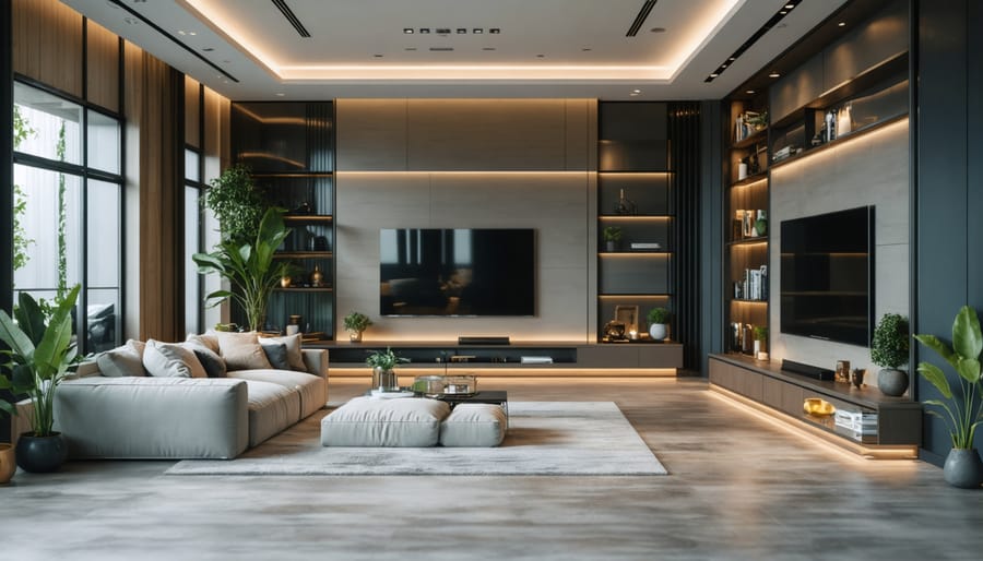 Modern living room with integrated smart home sensors and lighting