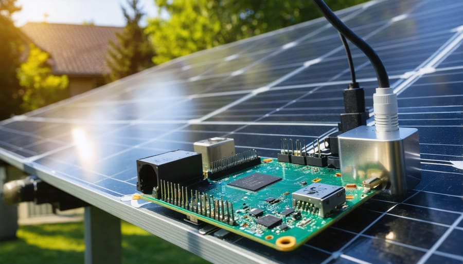 Raspberry Pi monitoring device mounted near solar panels on a roof