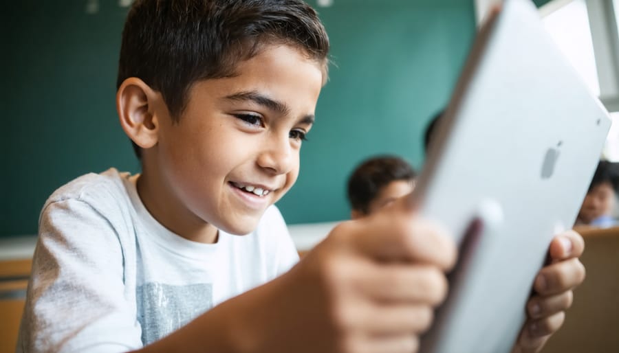 Student using assistive communication device while working with teacher