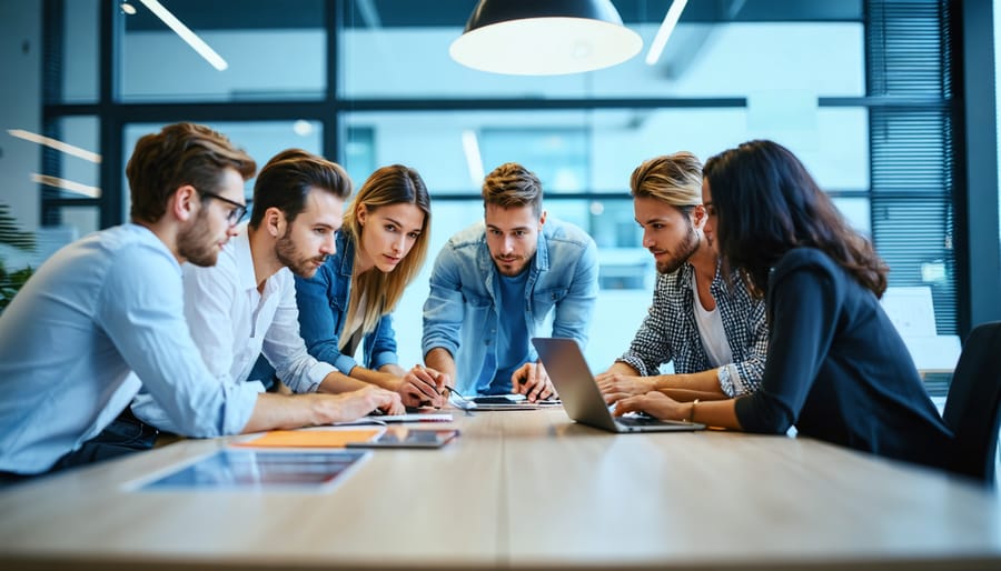 "Team of professionals collaborating around a conference table with digital project management tools in a modern office."