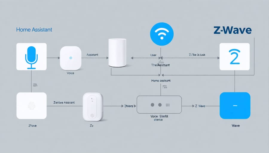 Flowchart illustrating voice command processing from speaker through Home Assistant to smart devices