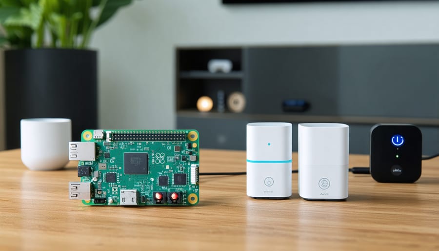Illustration of a smart home setup showcasing a Raspberry Pi connected to a Z-Wave USB stick, surrounded by various smart devices being voice-controlled.