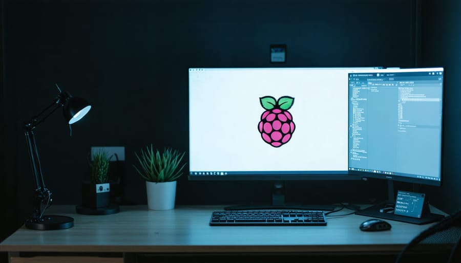"Wall-mounted Raspberry Pi with a glowing monitor in a dark room, showcasing a potential remote display solution."