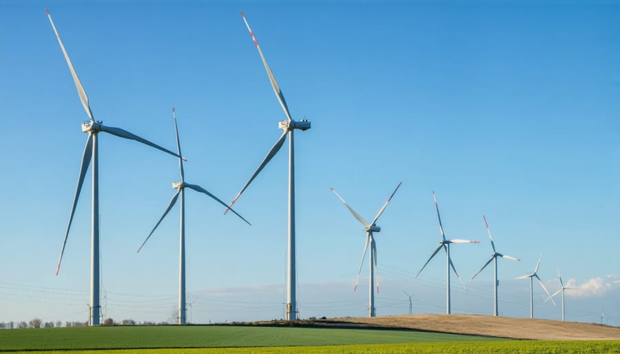 Wind turbines silhouetted against orange and blue sunset sky