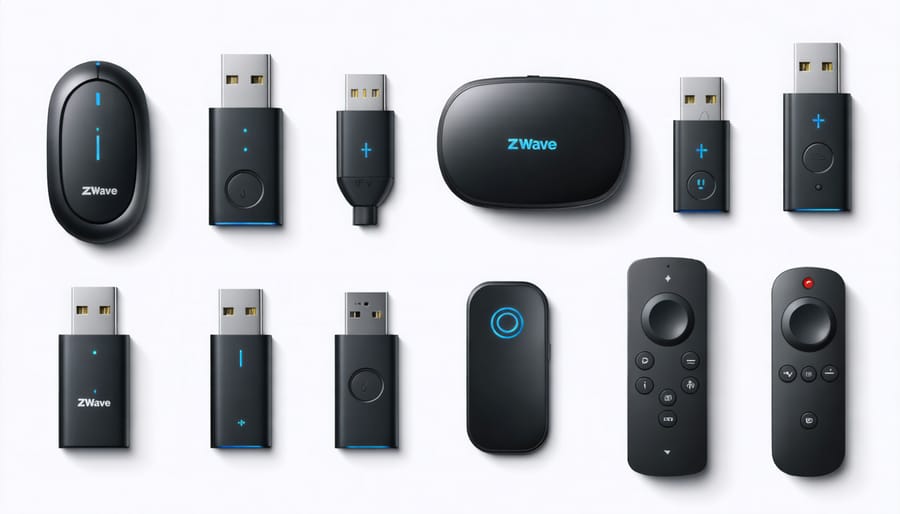 Various Z-Wave USB controllers including Aeotec, Zooz, and Silicon Labs models